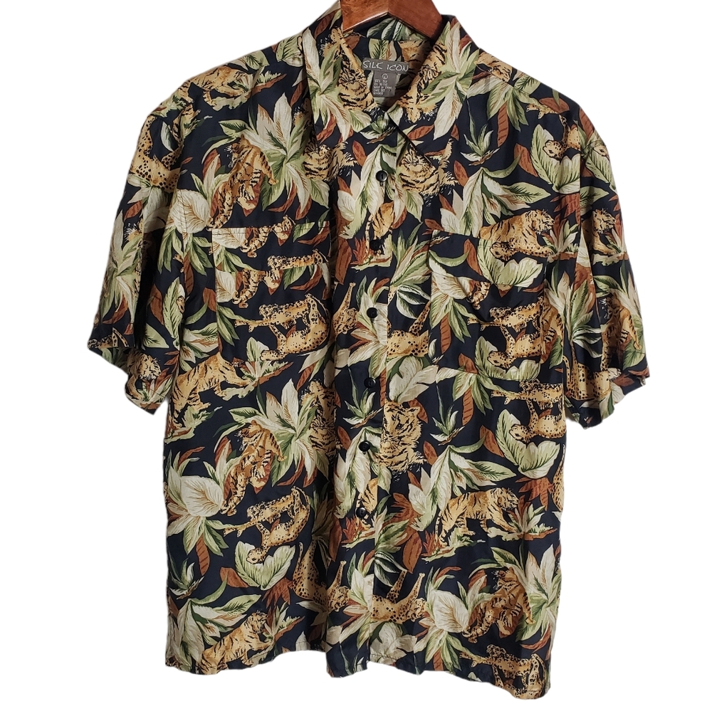 Silk Icon Tiger Jaguar Jungle Print 100% Silk Hawaiian Shirt Sz L Camp Floral